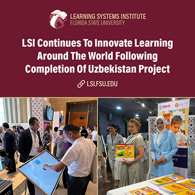 "Graphic featuring a photo of a man at a large computer touch screen and two women standing in front of a table of books. The text reads 'LSI Continues To Innovate Learning Around The World Following Completion Of Uzbekistan Project'."