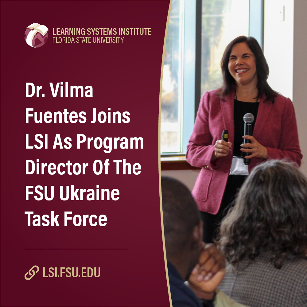 "Graphic with the LSI logo and a photo of Dr. Vilma Fuentes. The text is Dr. Vilma Fuentes Joins LSI As Program Director Of The FSU Ukraine Task Force"