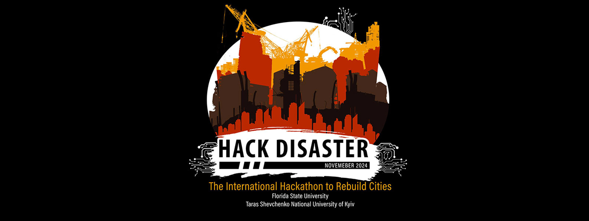 "Abstract graphic of cities under construction with "Hack Disaster" in bold text in front. "