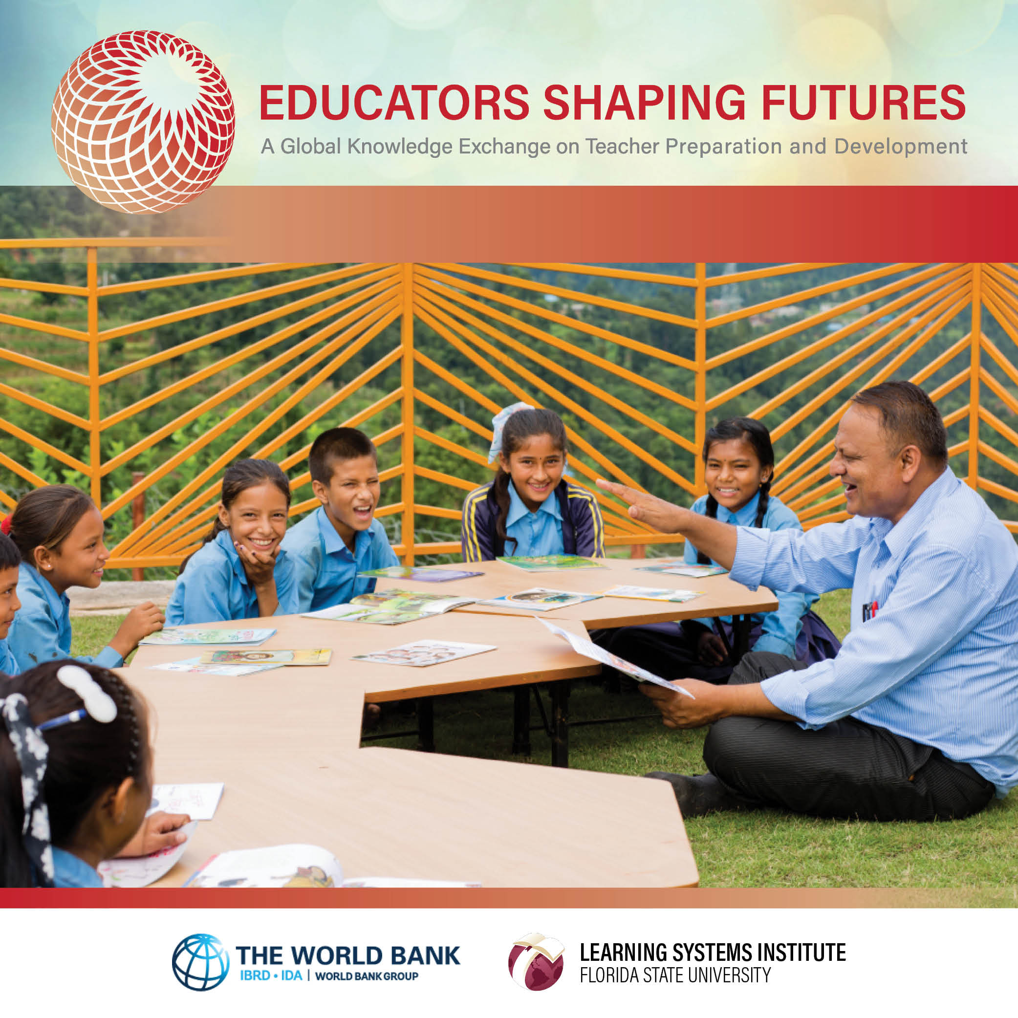 Educators Shaping Futures graphic. There is a group of children in school uniforms outdoors sitting on the ground at a table with a teacher. Below are logos for the World Bank and LSI at FSU.
