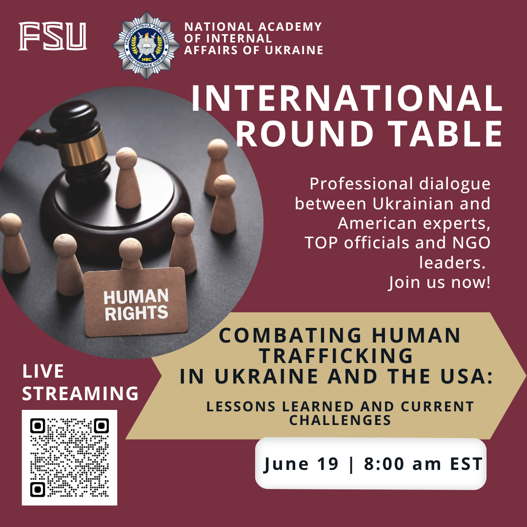 Graphic for a virtual international roundtable. There is a QR code, text information and a photo of a gavel with small wooden figures.