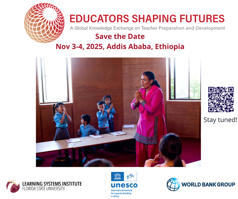 Teacher in a classroom with students. There is information about the Educators Shaping Futures conference. There are logos and a QR code.