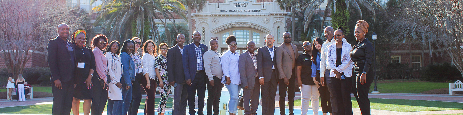 "Group photo of South African educators participating in CCAP in front of the Florida State Westcott fountain."