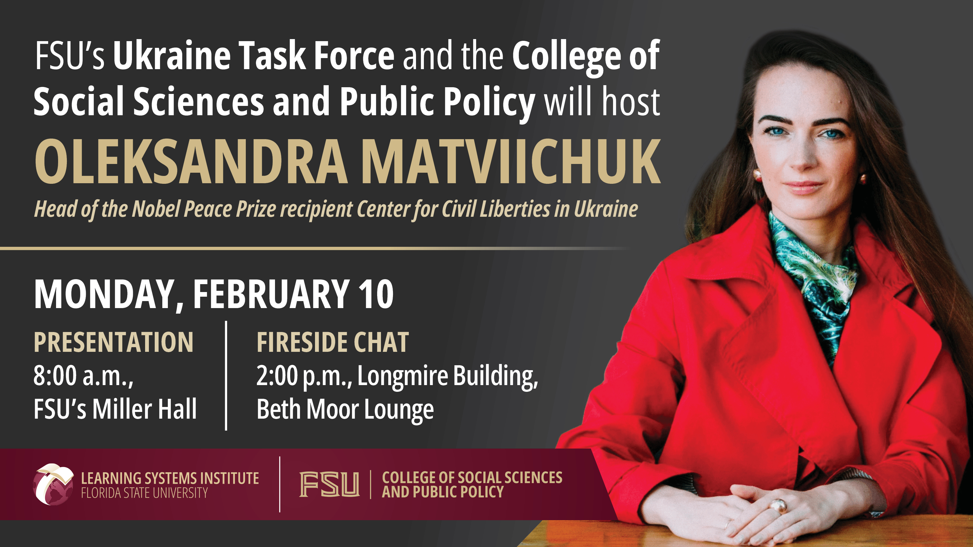 "Graphic featuring Oleksandra Matviichuk and text about her visit to FSU."