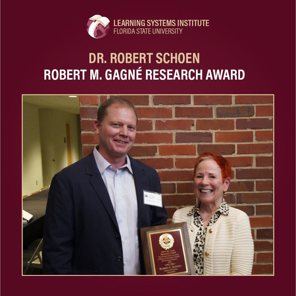 "Graphic featuring  photo of Dr. Robert Schoen and Dean Emerita Marcy Driscoll holding a plaque. The text reads Dr. Robert Schoen Robert M. Gagné Research Award "