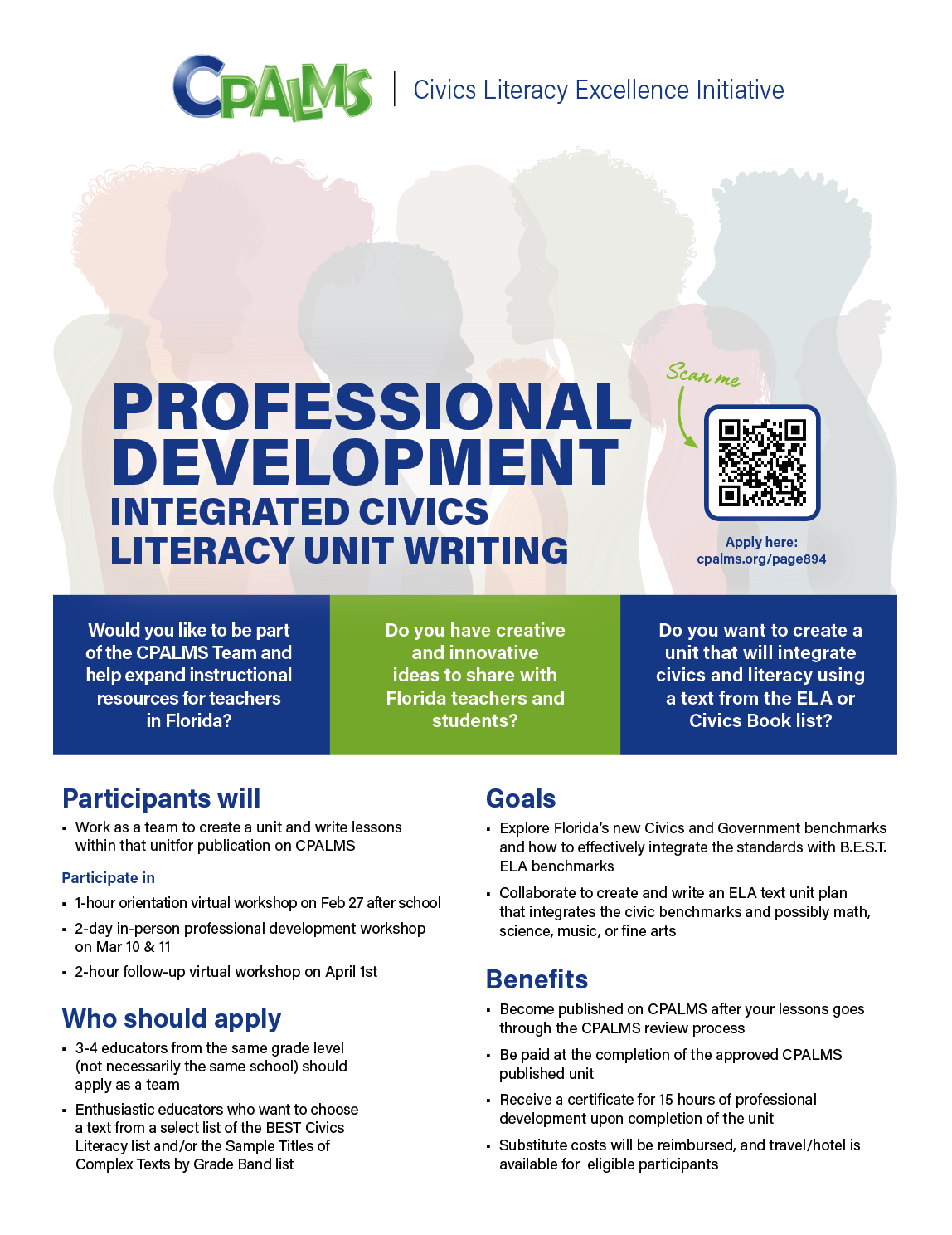 "Infographic with "Professional Development 𝐈𝐧𝐭𝐞𝐠𝐫𝐚𝐭𝐞𝐝 𝐂𝐢𝐯𝐢𝐜𝐬 𝐋𝐢𝐭𝐞𝐫𝐚𝐜𝐲 𝐔𝐧𝐢𝐭 𝐖𝐫𝐢𝐭𝐢𝐧𝐠" written in large font at the top. Shadow silhouettes  in different colors in the middle, three text boxes below and the CPALMS logo at the bottom."