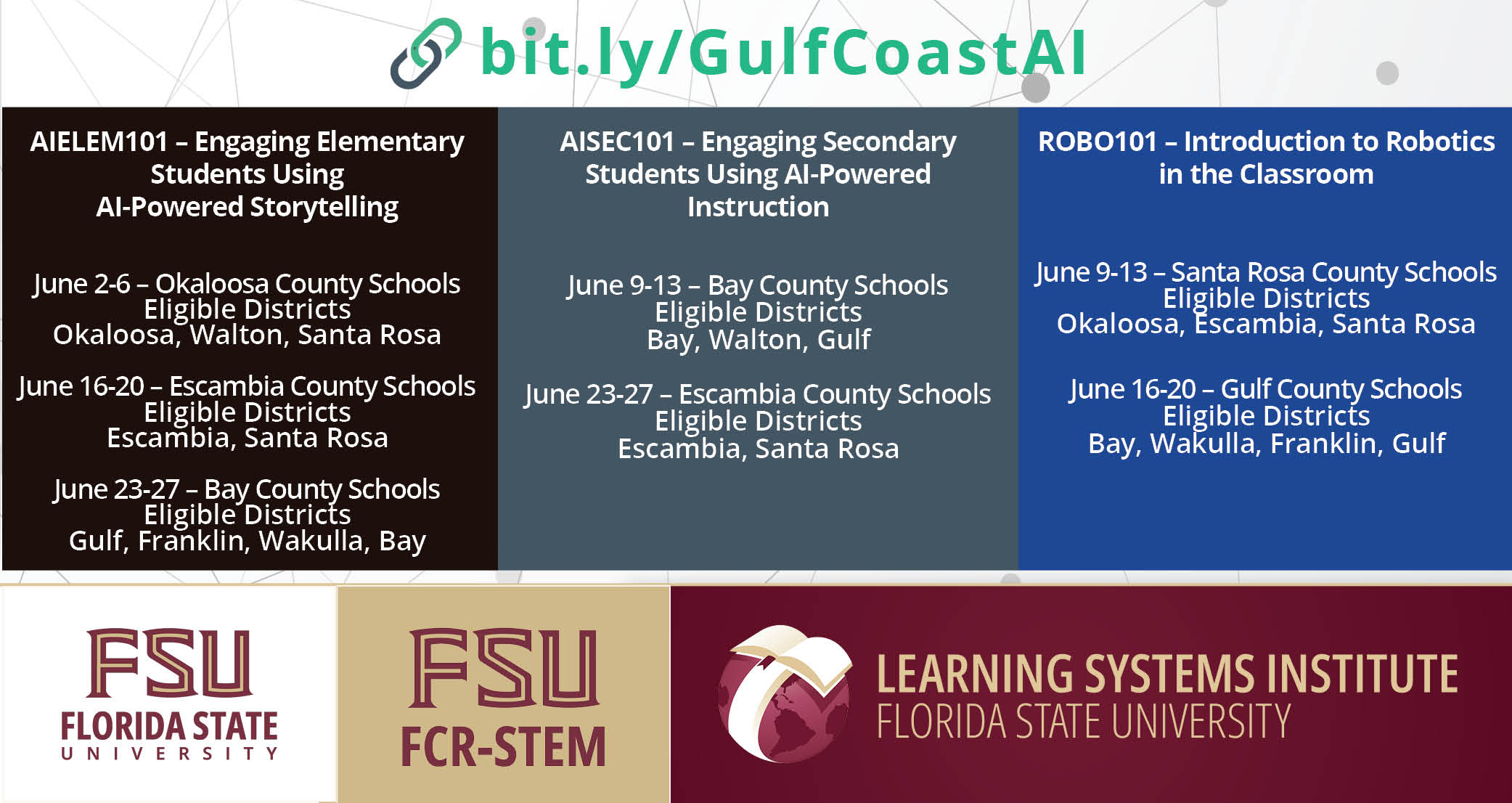 Graphic with the schedule of this summer's InSPIRE/FCR-STEM workshops.