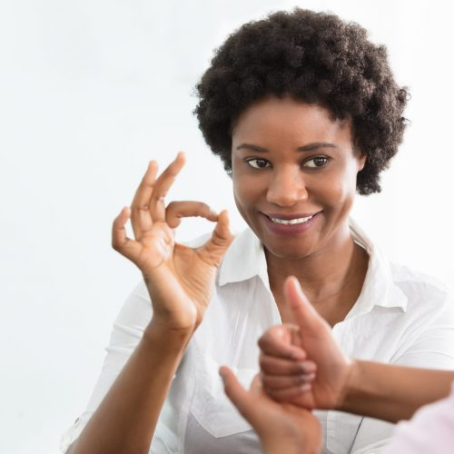 "Photo of two people communicating via sign language"
