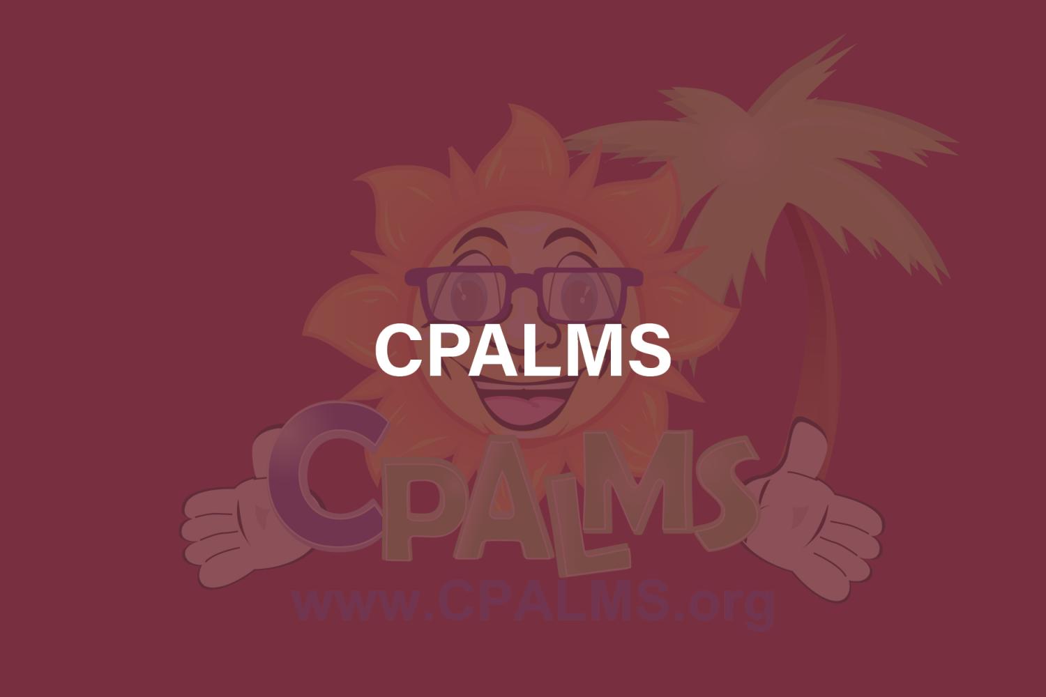 "CPALMS logo. Large sun with its arms spread wide wearing sunglasses above the word CPALMS "