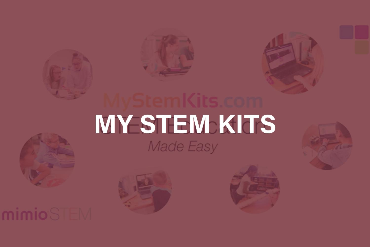 "Graphic for the My Stem Kits website with the MyStemKits.com - STEM Education made easy surrounded by seven small circular photos of 3D printed products."