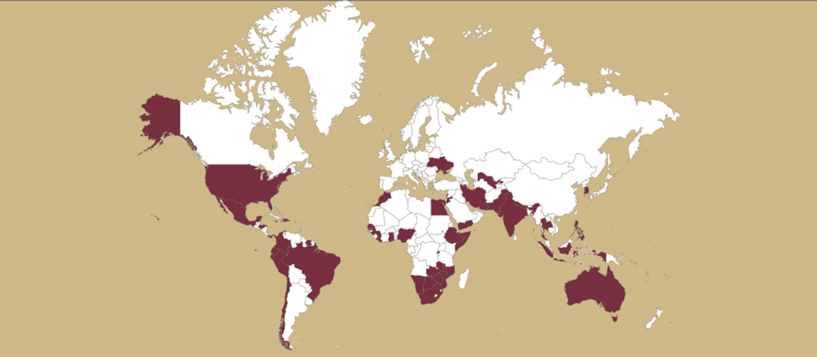 "A world map with each of the 47 countries LSI has conducted a project or worked in colored Garnet."