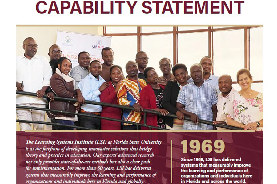 "Graphic for the LSI Capability Statement. Shows the title and a photo of 16 people gathered at the top of a staircase in front of a USAID sign."