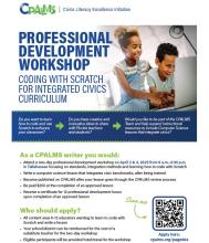 Information sheet with a photo of two children working on a computer, the CPALMS wordmark and information on a professional development workshop.