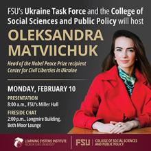 Graphic featuring Oleksandra Matviichuk and text about her visit to FSU.