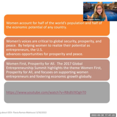 Screen shot of Dr. Flavia Ramos-Mattoussi's Zoom presentation for thew Engage Your World Speaker Series