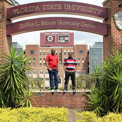 Handili Jimaima and Joshua Zulu pose on Langford Green at Florida State University