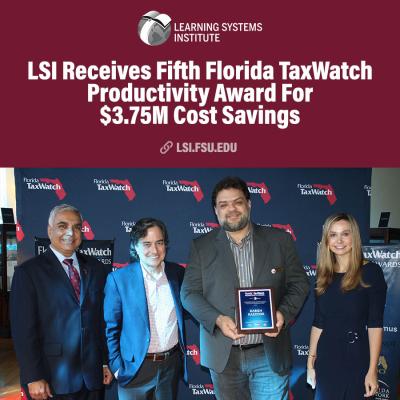 Graphic featuring the LSI logo and the headline "LSI Receives Fifth Florida TaxWatch Productivity Award For $3.75M Cost Savings" with a photo of  Rabie Razzouk being presented with a plaque standing with three other people. 