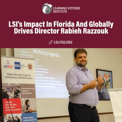 Graphic featuring the LSI logo and the headline "LSI’s Impact Here At Home And Globally Drives Director Rabieh Razzouk" with a photo of  Rabieh Razzouk addressing an audience.