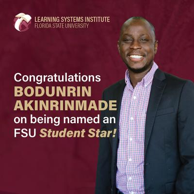 Photo of Bodunrin Akinrinmade with text next to it that reads "Congratulations Bodunrin Akinrinmade on being named an FSU Student Star!"