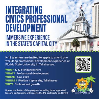 Graphic detailing a summer professional development in Tallahassee to integrate civics.