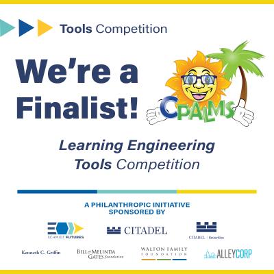 Graphic announcing that CPALMS is a finalist in the Tools Competition. The CPALMS sun logo is incorporated in the graphic.
