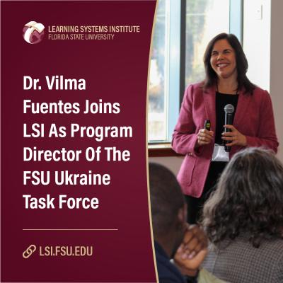 Graphic with the LSI logo and a photo of Dr. Vilma Fuentes. The text is Dr. Vilma Fuentes Joins LSI As Program Director Of The FSU Ukraine Task Force