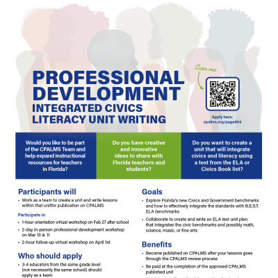 "Infographic with Professional Development 𝐈𝐧𝐭𝐞𝐠𝐫𝐚𝐭𝐞𝐝 𝐂𝐢𝐯𝐢𝐜𝐬 𝐋𝐢𝐭𝐞𝐫𝐚𝐜𝐲 𝐔𝐧𝐢𝐭 𝐖𝐫𝐢𝐭𝐢𝐧𝐠" written in large font at the top. Shadow silhouettes  in different colors in the middle, three text boxes below and the CPALMS logo at the bottom."