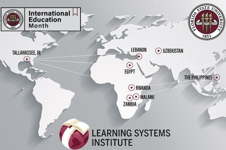 Map with lines from Tallahassee to Egypt, Lebanon, Malawi, the Philippines, Rwanda, Uzbekistan and Zambia. Logos for FSU, LSI and International Education Month are included.