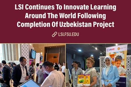Graphic featuring a photo of a man at a large computer touch screen and two women standing in front of a table of books. The text reads 'LSI Continues To Innovate Learning Around The World Following Completion Of Uzbekistan Project'.