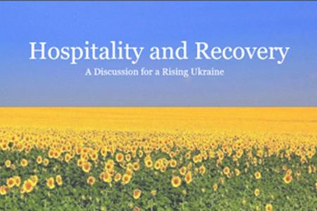 Graphic with a field of sunflowers and the text Hospitality and Recovery